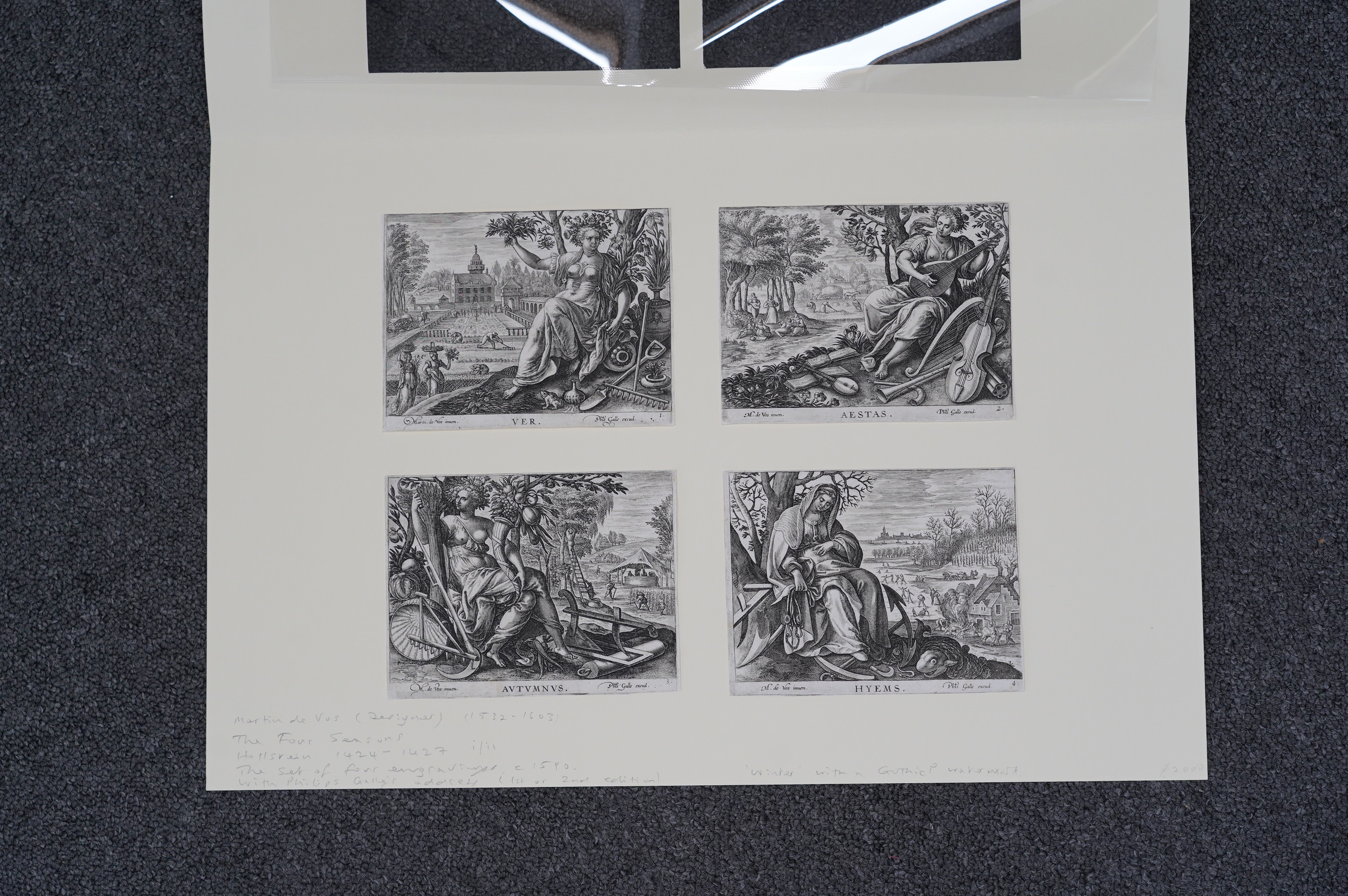 Maerten de Vos (Dutch, 1532-1603), The Four Seasons set of four engravings c.1590 Hollstein 1424 – 1427 1/iii, with Philip Galle’s address (1st or 2nd edition), Hyems (Winter) with Gothic P watermark, 9.6 x 13.2cm. Condi